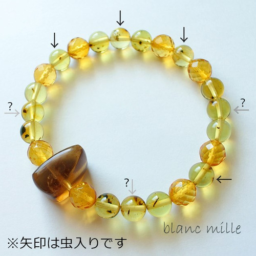 虫入り琥珀のブレスレット　アンバー 虫入りアンバー（琥珀）×ハイクオリティークオーツ（限定数本