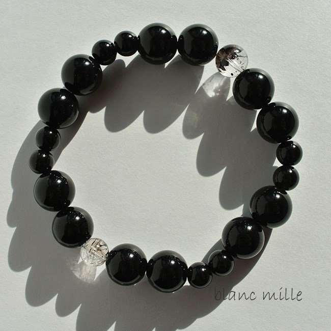 No.1310○*キラキラ内包物入り水晶＆チベット産黒水晶　ブレスレット○*ブラック天然石　モリオン  スーパーセブン