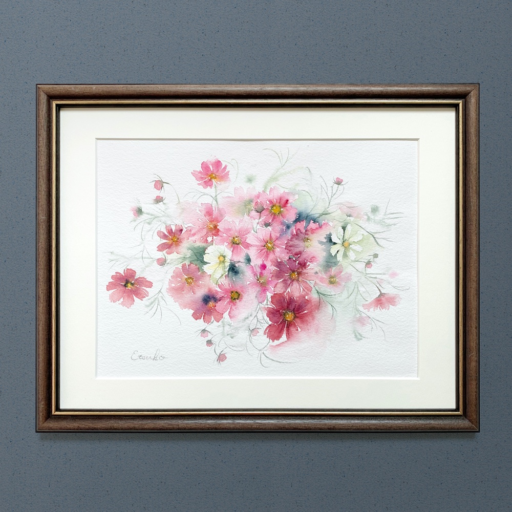 油彩画　「　夕景とコスモス　」　原画　P6号 油彩画　「　夕景とコスモス　」　原画　P6号