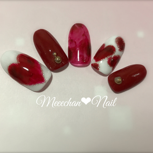 ハート くり抜き ラブリー バレンタイン デート ボルドーネイル ネイル  