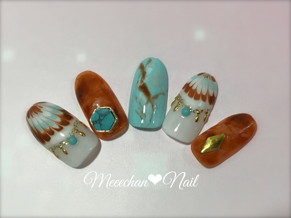 ターコイズ べっ甲 ピーコック オルテガ柄ネイルチップ ネイルチップ