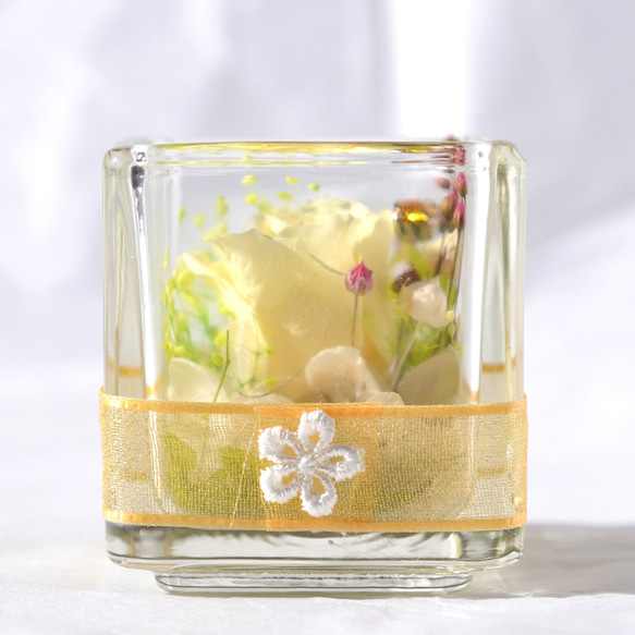 かわいいグラスに癒しのグラスキューブ レモンイエロー【プリザーブドフラワー】 1枚目の画像