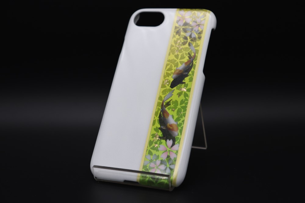 塗装スマホケース(和柄桜鯉[白翠])【他機種オーダー可】