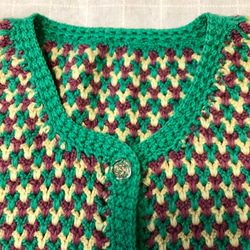純毛　手編みかぎ針編み　カーディガン　S～M　3色編み 4枚目の画像
