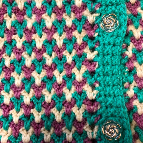 純毛　手編みかぎ針編み　カーディガン　S～M　3色編み 6枚目の画像
