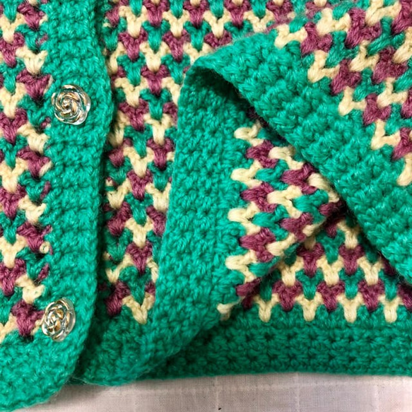 純毛　手編みかぎ針編み　カーディガン　S～M　3色編み 7枚目の画像