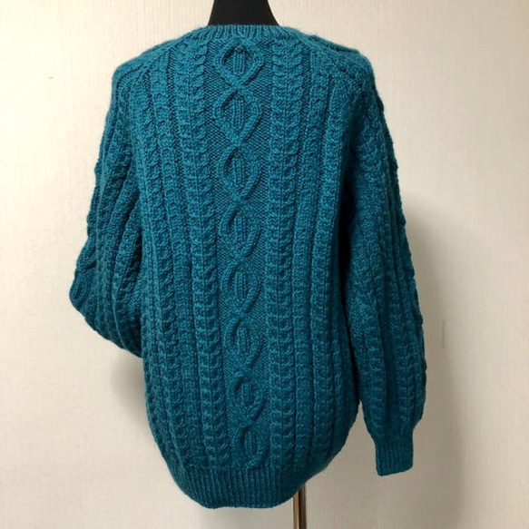 純毛　手編み棒針編み　メンズ　セーター　M～L　ターコイズ　 2枚目の画像