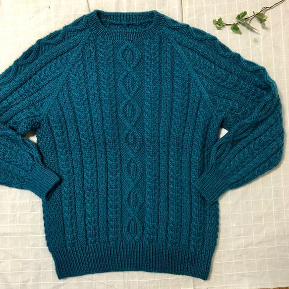 純毛　手編み棒針編み　メンズ　セーター　M～L　ターコイズ　 3枚目の画像