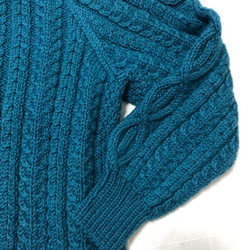 純毛　手編み棒針編み　メンズ　セーター　M～L　ターコイズ　 5枚目の画像