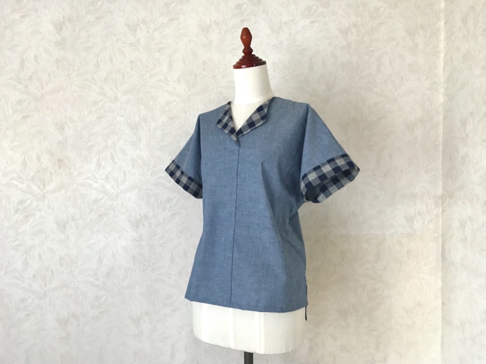 コットン・シャツ ブラウス✴︎ブルー×チェック