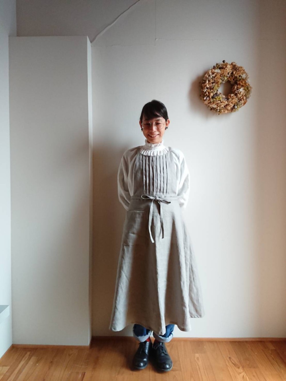 ハンドメイド作家様作品　リネンバックボタンエプロンワンピース