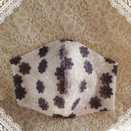 No．1013 シルバーグレー花柄チュールレース♡ハンドメイドマスク 花