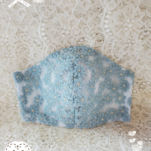 Sサイズ・高学年立体マスク☆ブルーフラワー刺繍 65--1 布マスク