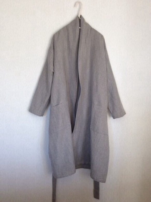 【受注製作】上質リネンウールのローブコート  薄グレー 1枚目の画像