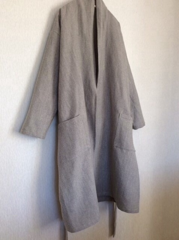 【受注製作】上質リネンウールのローブコート  薄グレー 2枚目の画像