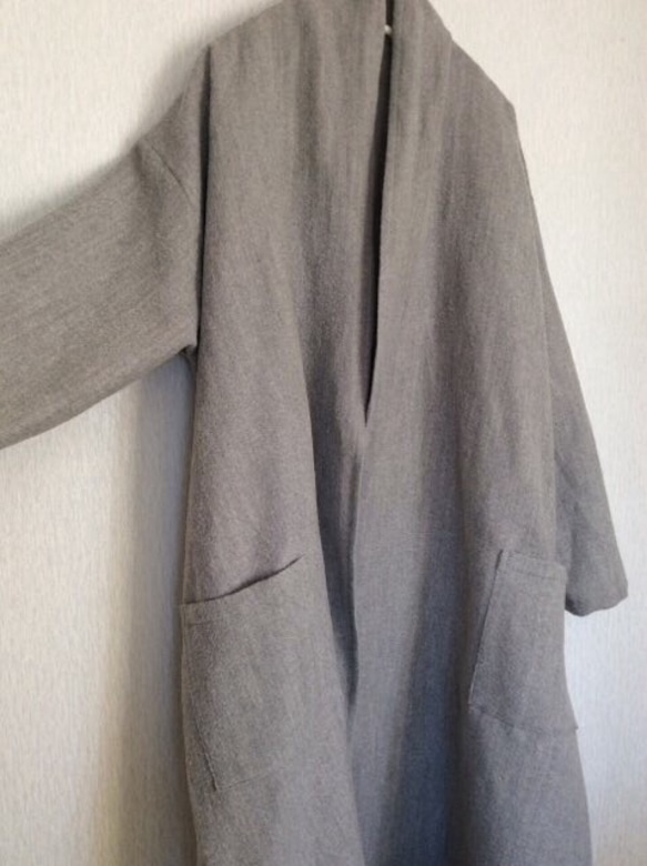 【受注製作】上質リネンウールのローブコート  薄グレー 3枚目の画像