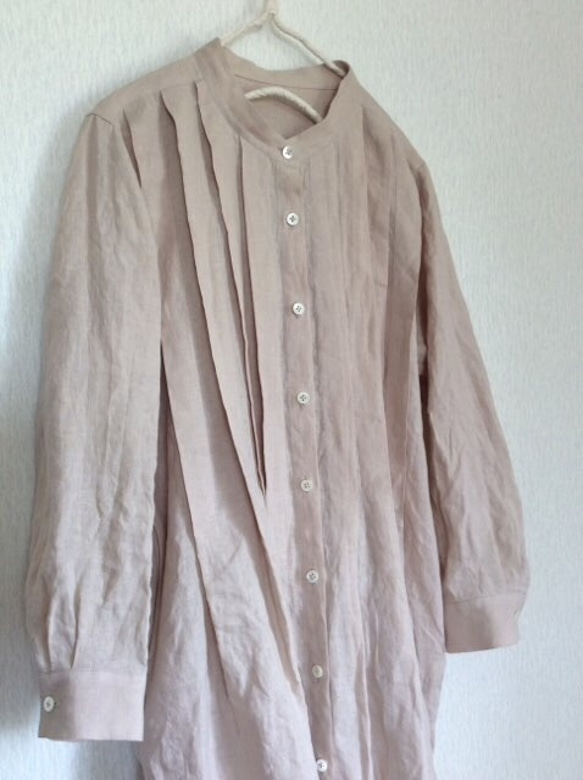 【受注製作】リネンのタックシャツワンピース  ピンクベージュ 4枚目の画像
