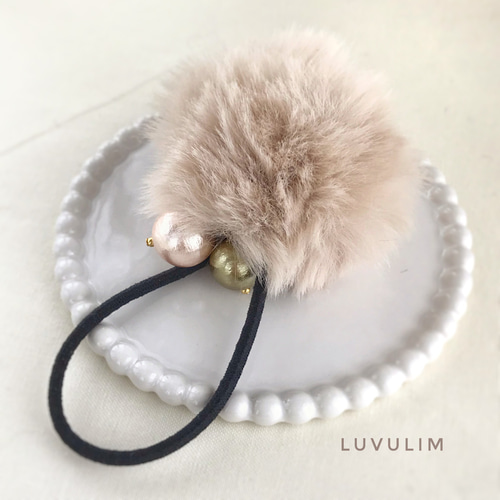 再販》038 エコファーボールとコットンパールのヘアゴム beige  