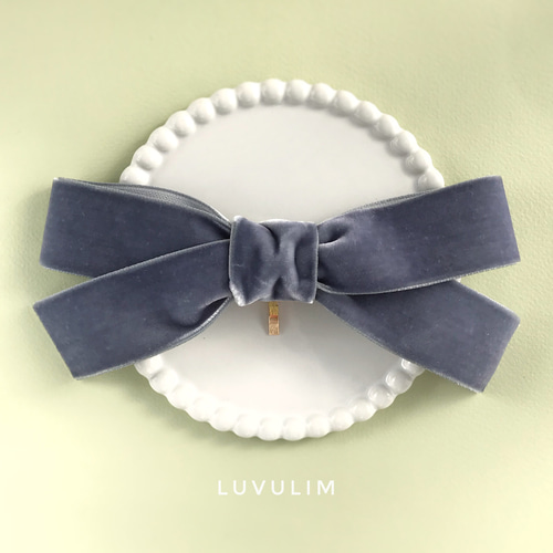 再販》048 ベロアリボンのシンプルなポニーフック dusty blue ポニー  