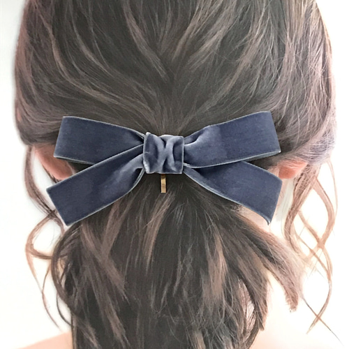 再販》048 ベロアリボンのシンプルなポニーフック dusty blue ポニー  