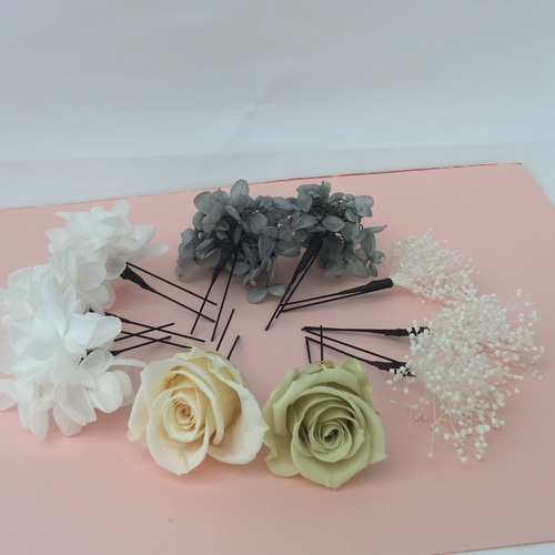 プリザーブド薔薇かすみ草あじさい髪飾り 成人式 卒業式 前撮り 和装髪