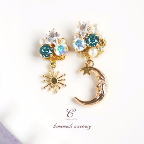 スワロフスキーピアス月と星 Symbolica ドロップピアス, 月と星, ブルー, ミックスメタル