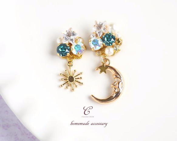 スワロフスキーピアス月と星 SWAROVSKI]* Moon and star *月と星 ロング ドロップピアス