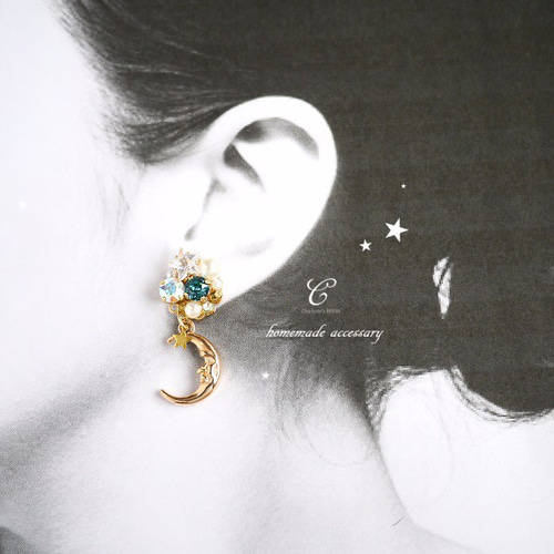 ▷*.夜空☆*.～月とキラ星のスワロフスキービジューピアス