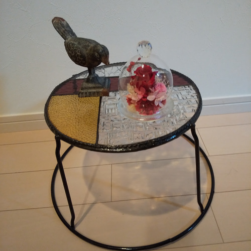 ◇ガラステーブル/ステンドグラス/コーヒーテーブル〖丸テーブル〗♪赤