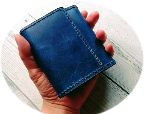 ミニ３つ折り財布（ネイビー） 手のひらサイズ 革小物 小銭入れ レザークラフト レザーウォレット 5枚目の画像