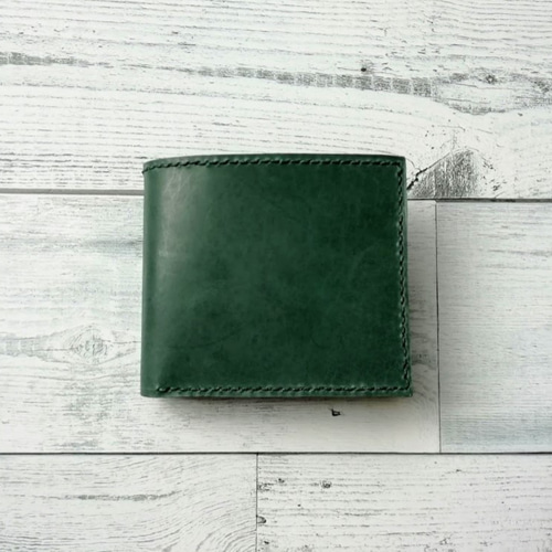 ２つ折り財布（グリーン） ボックス型小銭入れ 革小物 レザークラフト 