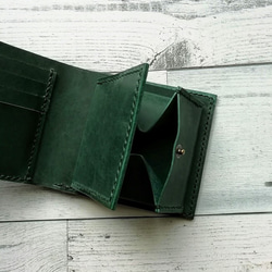 ２つ折り財布（グリーン） ボックス型小銭入れ 革小物 レザークラフト レザーウォレット 4枚目の画像