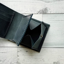 ２つ折り財布（ダークネイビー） ボックス型小銭入れ 革小物 レザークラフト レザーウォレット 3枚目の画像