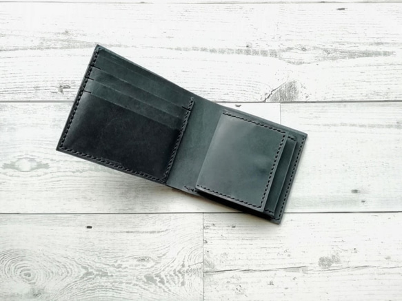 ２つ折り財布（ダークネイビー） ボックス型小銭入れ 革小物 レザークラフト レザーウォレット 4枚目の画像