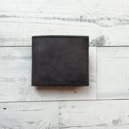２つ折り財布（ブラック） ボックス型小銭入れ 革小物 レザークラフト 