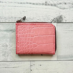 L字ファスナー財布（クロコ型押しピンク） ミニ財布  ハーフサイズ 革小物  レザークラフト レザーウォレット 1枚目の画像
