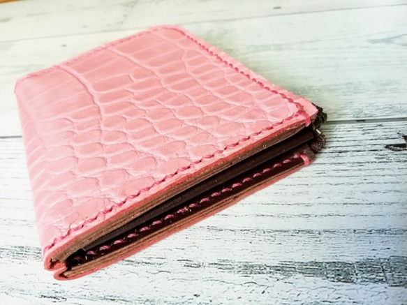 L字ファスナー財布（クロコ型押しピンク） ミニ財布  ハーフサイズ 革小物  レザークラフト レザーウォレット 3枚目の画像