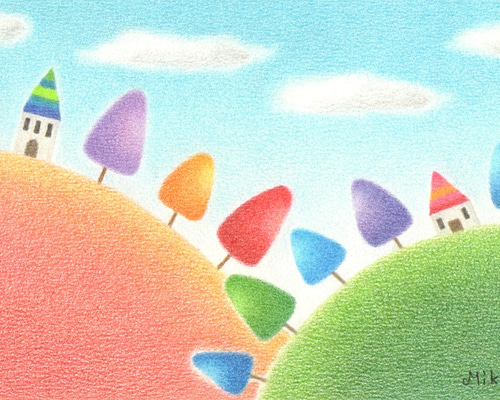 オリジナルキャラクター 色鉛筆画 2L判 夕日の丘(2Lサイズ。色鉛筆画。複製画) 絵画 美琴 通販 6488931