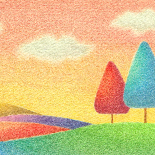 会員様限定 お買い得商品 夕日の丘(2Lサイズ。色鉛筆画。複製画) 絵画 美琴 通販 6488931 絵画