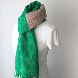綿&リネン：オールシーズン】ユニセックス：手織りストール "Pink Green" 1枚目の画像