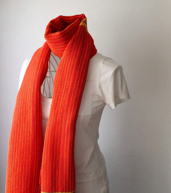 【リネン＆コットン：オールシーズン】手織りショール "Orange Stripe" 3枚目の画像