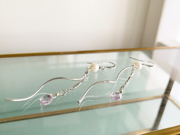 [二月和六月生日石] 粉色紫水晶和淡水珍珠耳環/耳環 第1張的照片