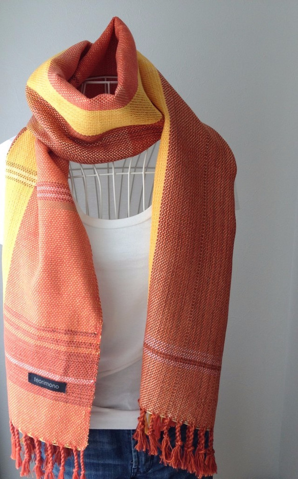 【綿&リネン：オールシーズン】手織りストール "Orange Stripe 2" 2枚目の画像