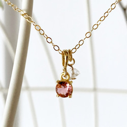 【4月＆10月の誕生石】ピンクトルマリン＆ハーキマー・ダイヤモンド（水晶）ネックレス（K14GF） 2枚目の画像