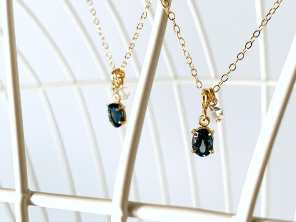 [四月和十一月生日石] 倫敦藍托帕石 &amp; Herkimer 鑽石項鍊 (K14GF) 第2張的照片