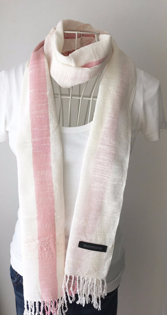 【綿：オールシーズン】手織りストール "Pink light stripe" 2枚目の画像