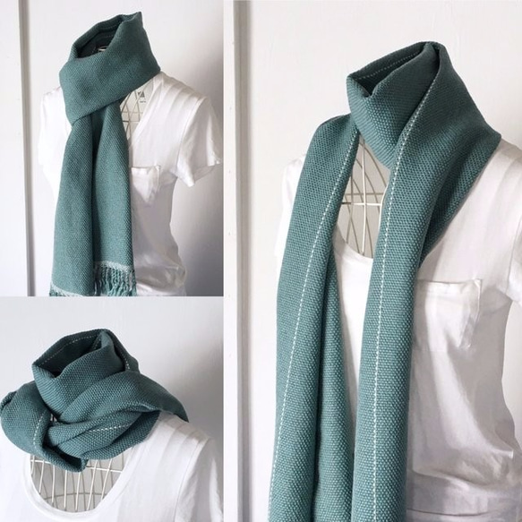 [Unisex Scarf] "Emerald green with White lines" 第2張的照片