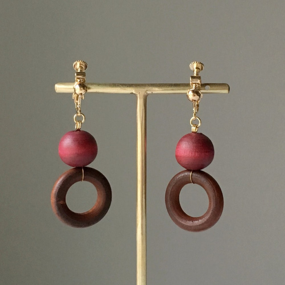 Wood beads non-hall / pierced earrings Vol.2 第1張的照片