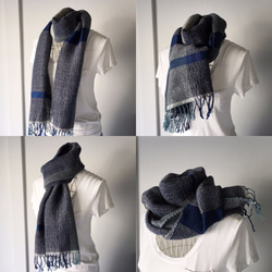 【ウール＆シルクカシミヤ：秋冬】ユニセックス：手織りマフラー "Blue & Gray 2" 2枚目の画像
