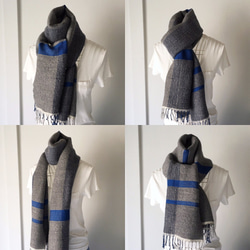 【ウール＆シルクカシミヤ：秋冬】ユニセックス：手織りマフラー "Blue & Gray 3" 2枚目の画像